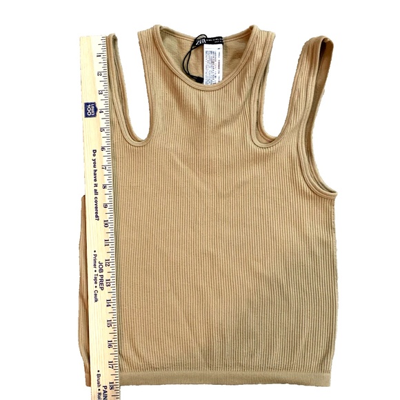 Zara Women Top M/L cutouts Ribbet Tan/cammel color Poly Blend Sl - Picture 5 of 6